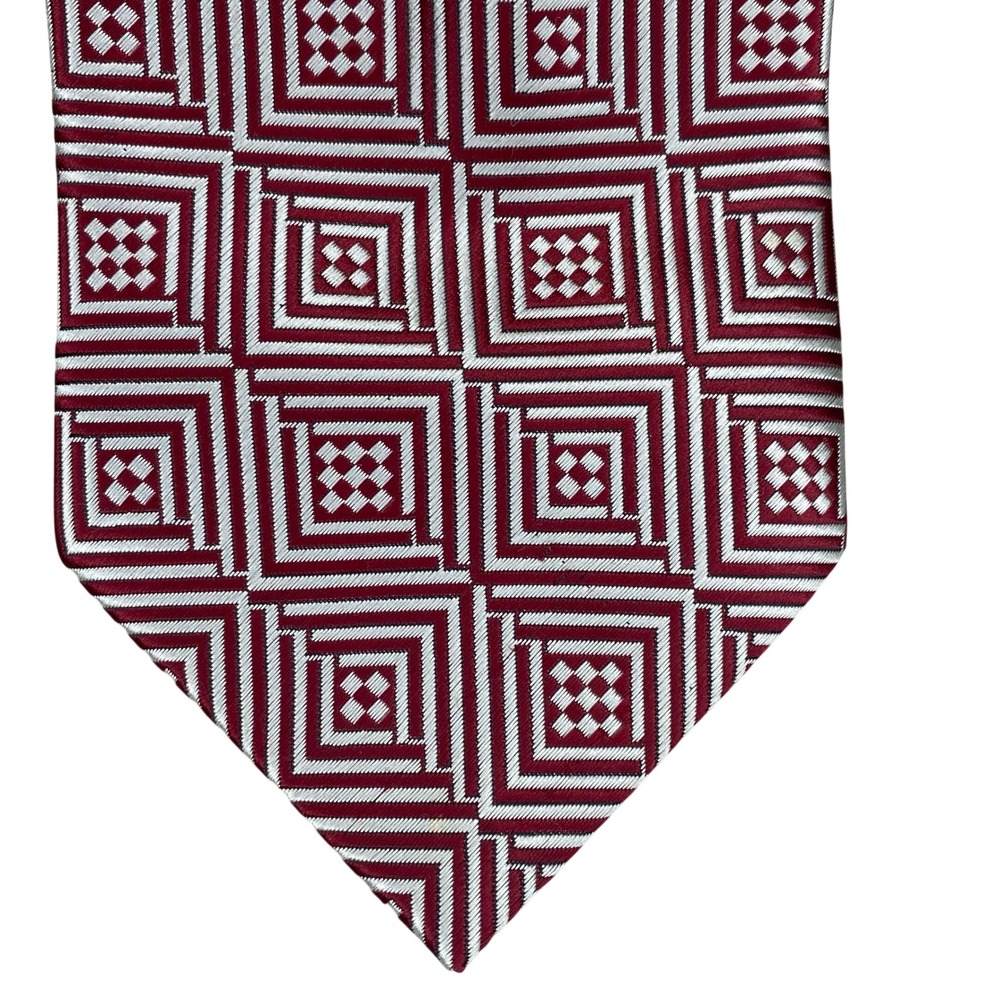 Umberto Frasi Geometric Square Pattern Necktie Mens Burgundy White Modern 59x4